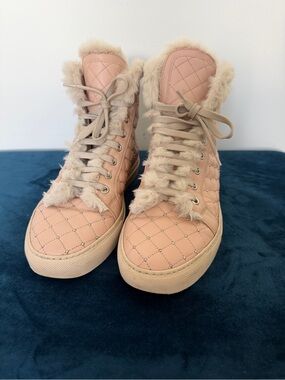 Le Silla Pink Leather Rabbit Fur High Top Sneakers Boots Studded Quilted US6